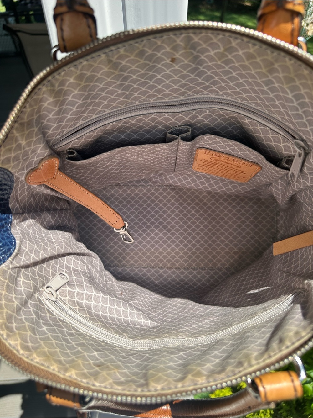 Brighton Navy Blue pebbled leather with Tan Leather Patch Tote - Picture 5 of 15